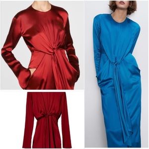 ZARA Peacock Blue Satin Tied Pocket MIDI Dress